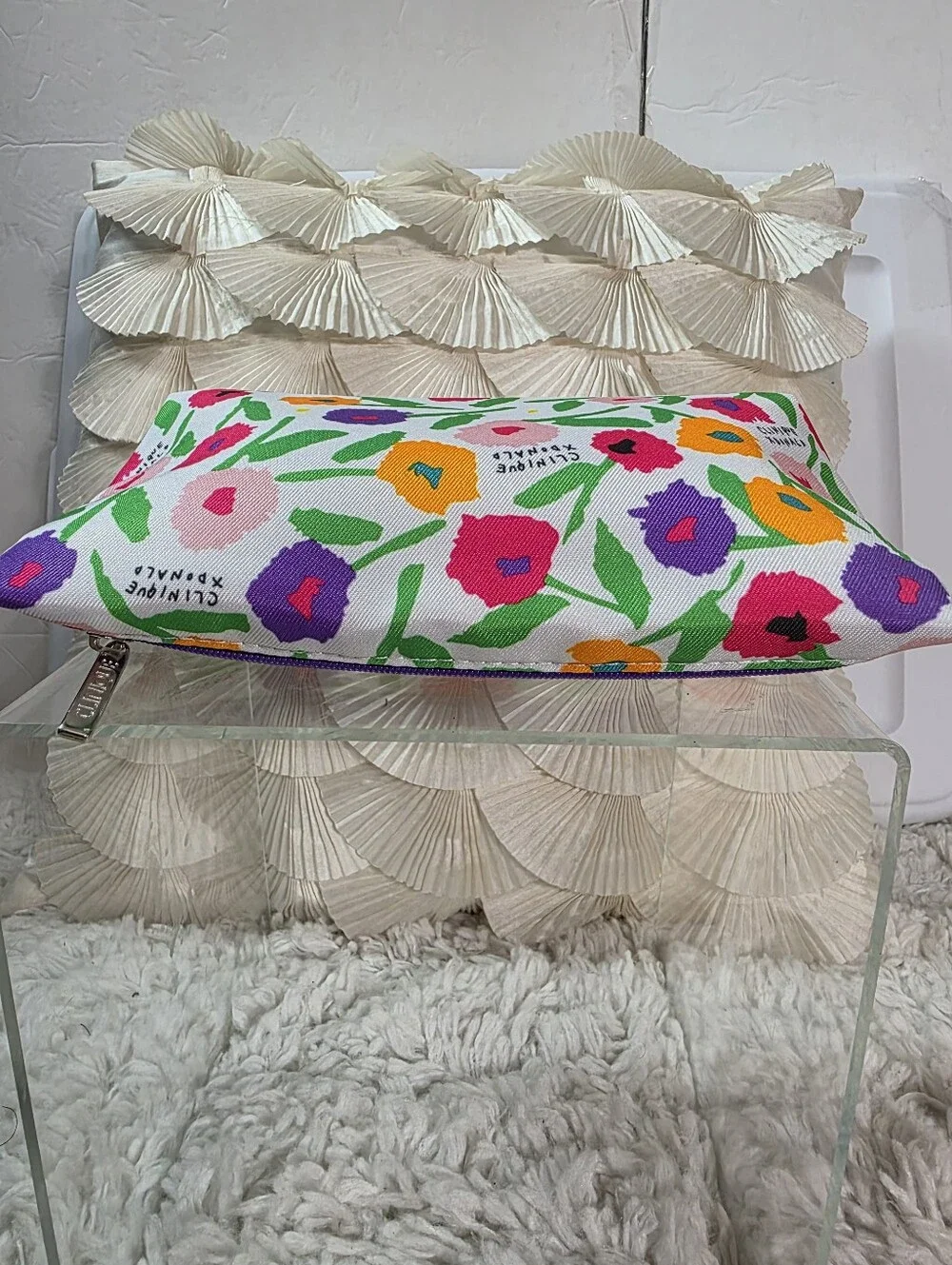 Clinique Floral Cosmetic Bag in White with Pink, Purple & Orange Blooms
